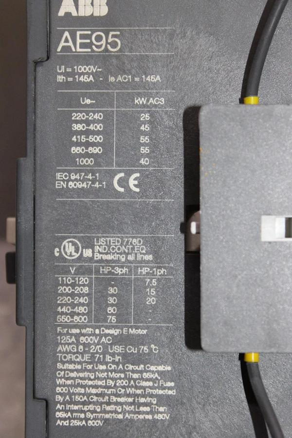 Used ABB CONTACTOR AE95-30 125 AMP 600 VOLT 3-POLE 3-PHASE 75 HP COIL: 48 VDC