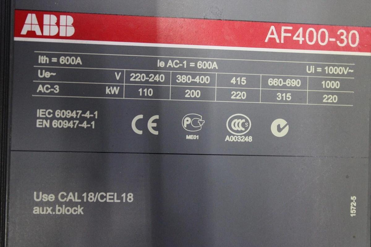 Used ABB CONTACTOR AF400-30 550 AMP 600 VAC 400 HP 3-PHASE COIL: 100-250 VOLT
