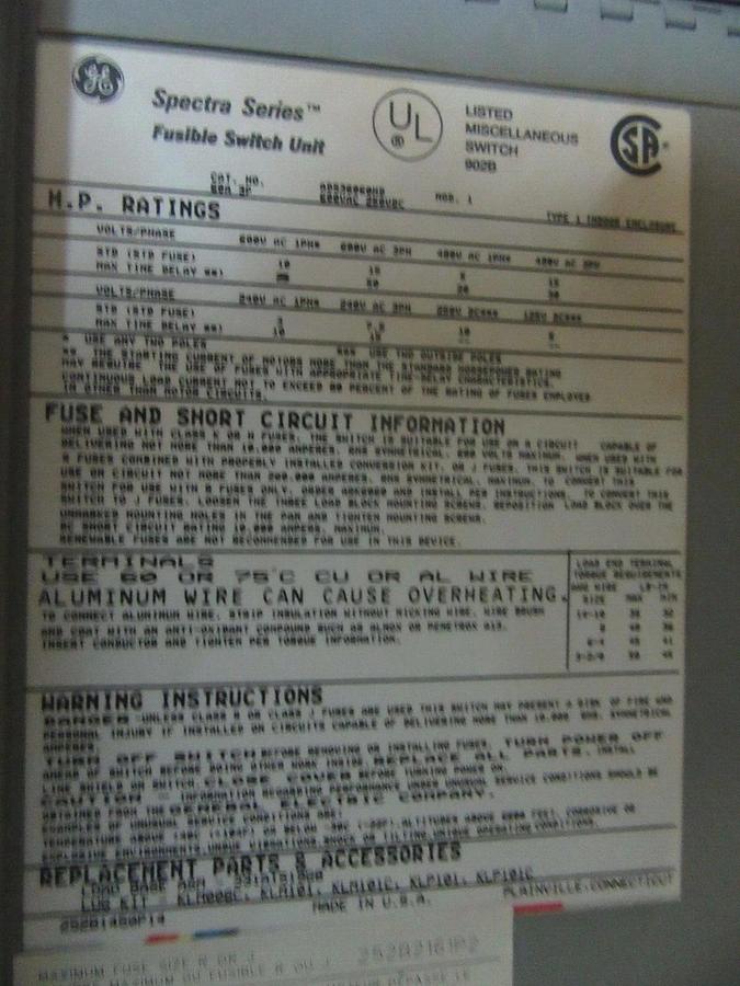 Used GE DUAL SPECTRA FUSIBLE PANEL SWITCH ADS36060HD 60 AMP 600 VOLT 50 HP