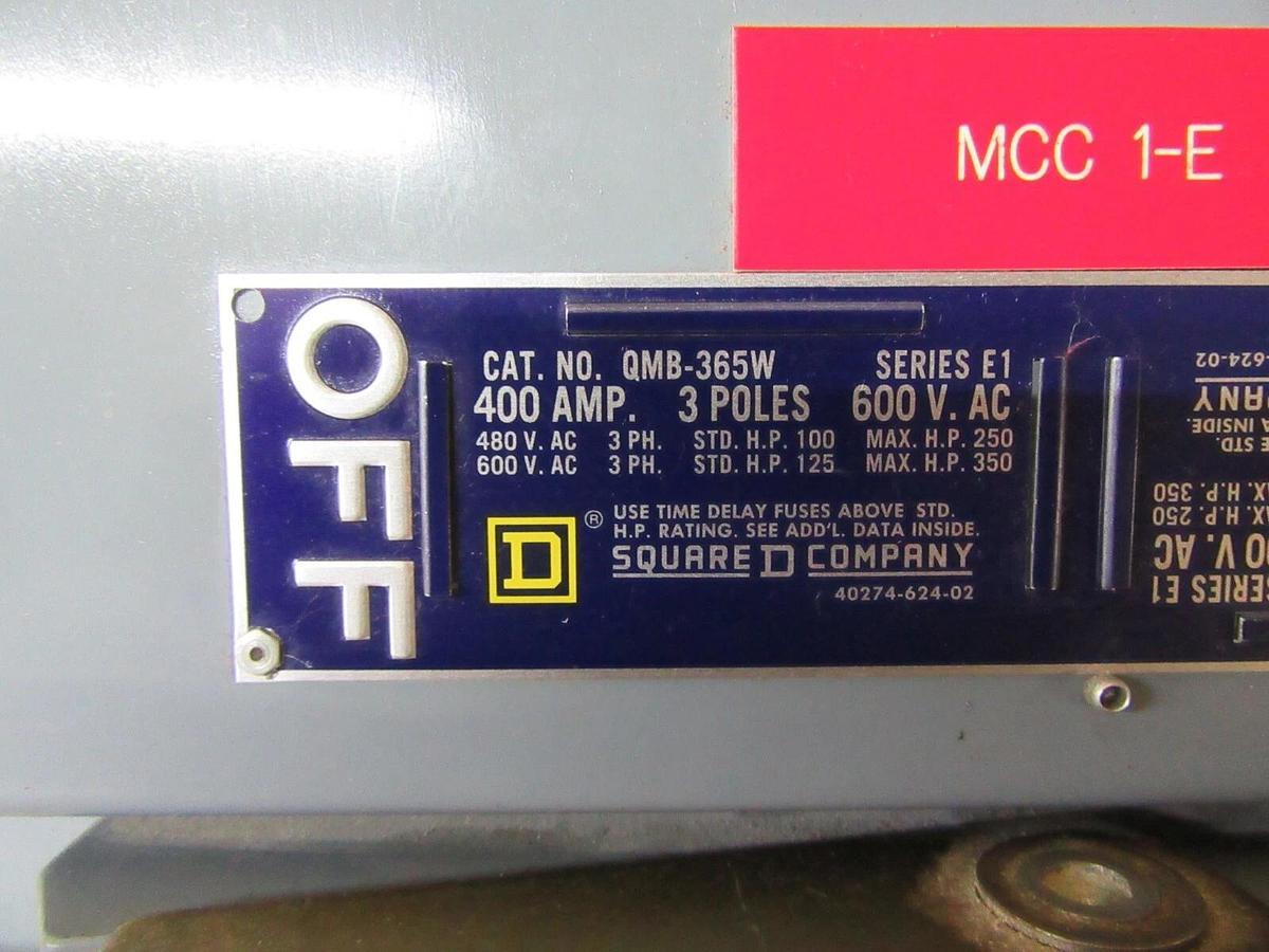 Used SQUARE D QMB BRANCH SAFETY SWITCH QMB-365W 400 AMP 3-POLE 600 VAC 350 HP