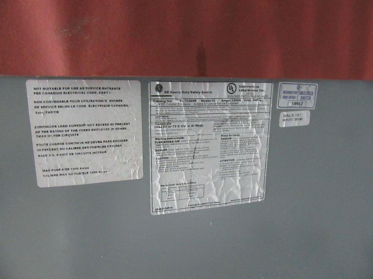 Used GE 1200 AMP HEAVY DUTY FUSIBLE SAFETY SWITCH 600 / 480 VAC CAT# TC72368R NEMA 3R