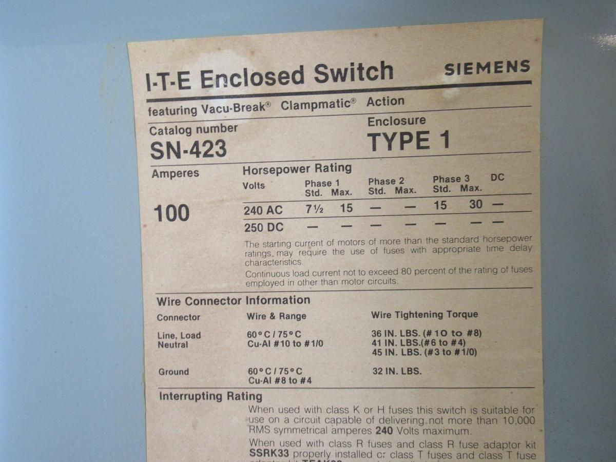 Used ITE DISCONNECT FUSIBLE SAFETY SWITCH SN423 240VAC 30HP 100A **WARRANTY**