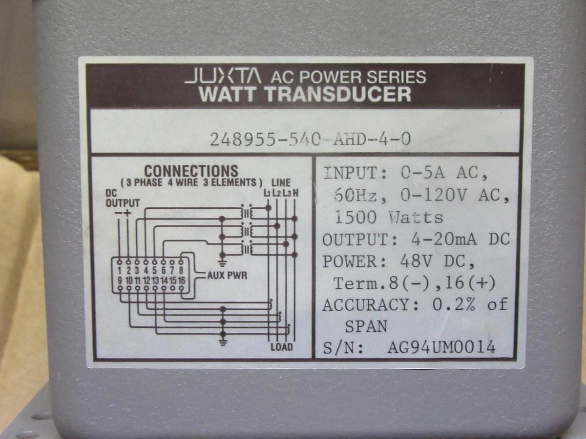 Used YOKOGAWA JUXTA WATT TRANSDUCER 248955-540-AHD-4-0 120 VAC 1500 WATT 4-20 mA