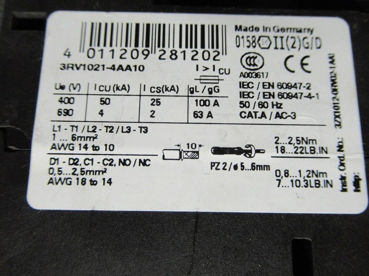 Used SIEMENS MANUAL MOTOR STARTER 3RV1021-4AA10 600V 16A 15HP G/060601