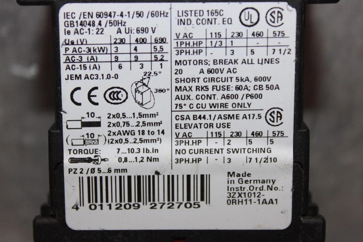 Used SIEMENS SIRIUS CONTACTOR 3RT1016-1BB41 600 VAC 20 AMP 7.5 HP W/ 3RH1911-1AA10