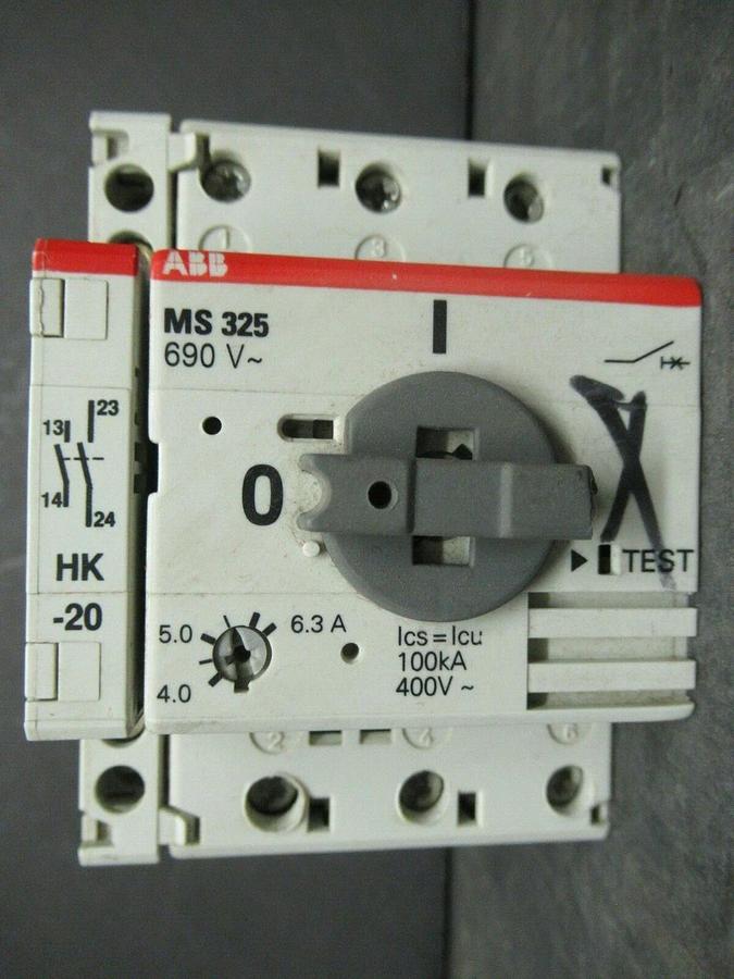 Used ABB MANUAL MOTOR START MS325 3 - 5 HP @ 480 V 4 - 6.3 AMP 600 VAC W/ AUXILIARY