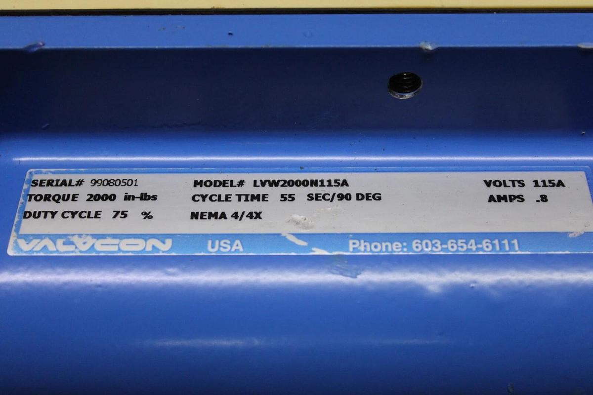 Used VALVCON ACTUATOR LVW2000N115A 2000 IN-LBS 55 SEC CYCLE 115V 0.8A NEMA 4