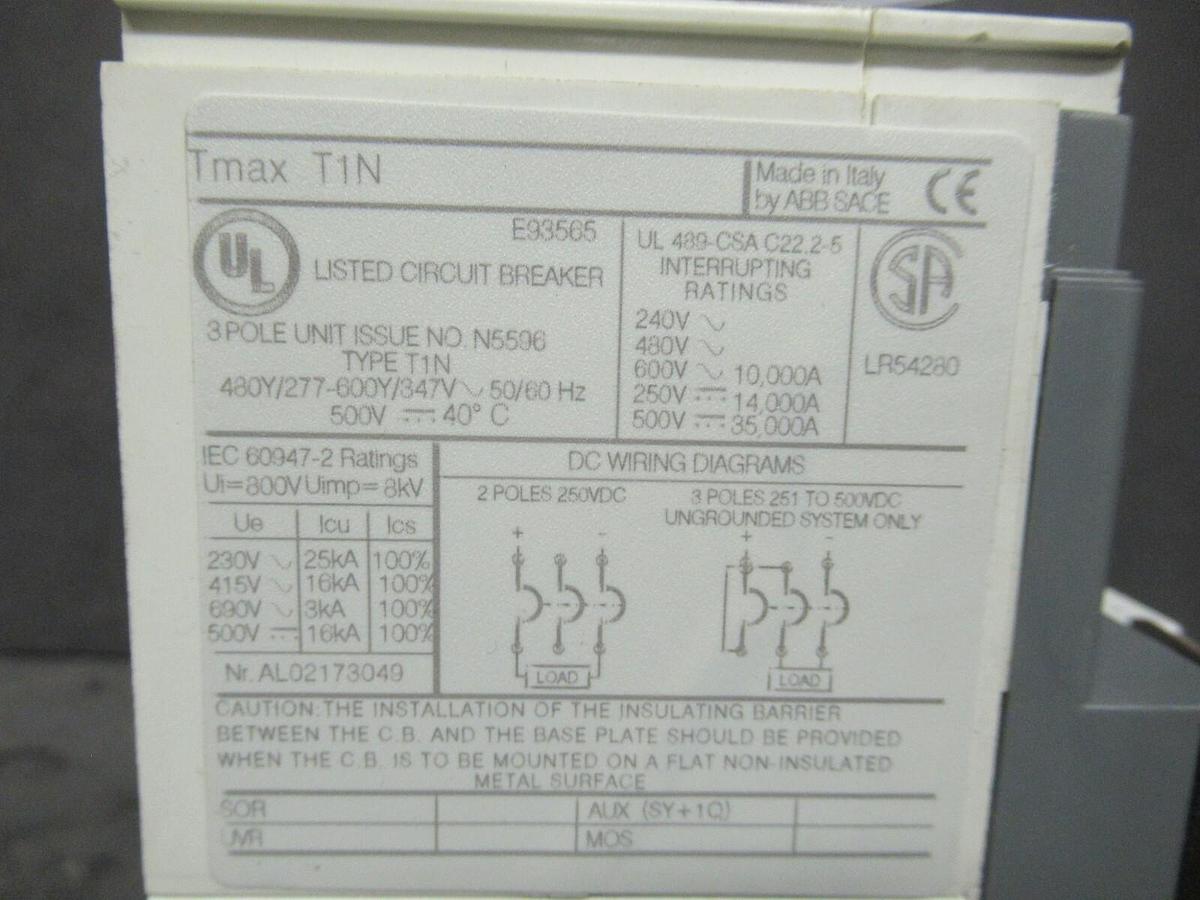 Used ABB BREAKER TMAX T1N 15 AMP 240/480/600 VAC 500 VDC  3 POLE * WARRANTY *