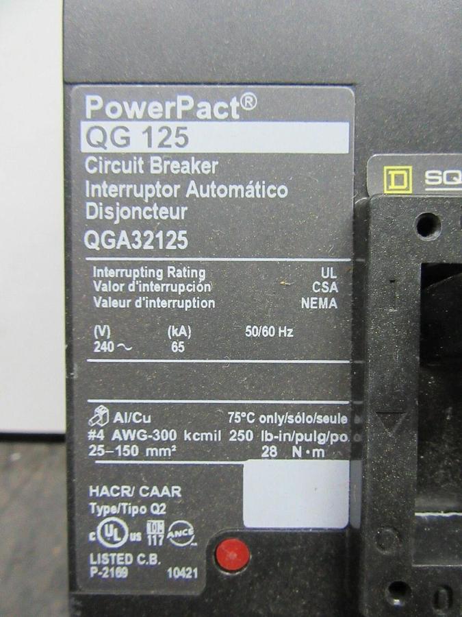 Used SQUARE D POWERPACT CIRCUIT BREAKER QGA32125 125 AMP 240 VAC 3-POLE **WARRANTY**