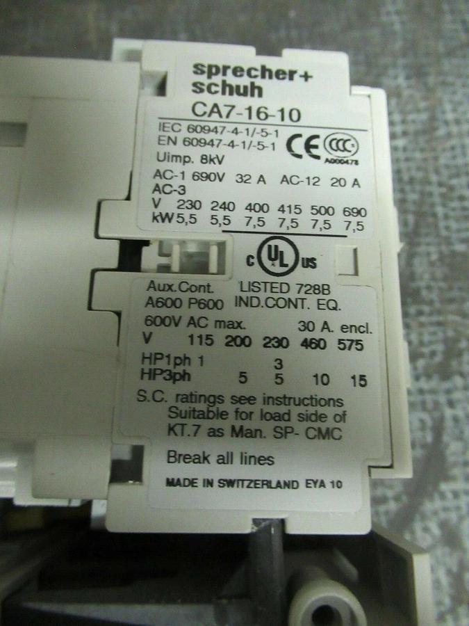 Used SPRECHER + SCHUH CONTACTOR CA7-16-10 30 AMP 600 VAC 3 POLE 15 HP COIL: 120V