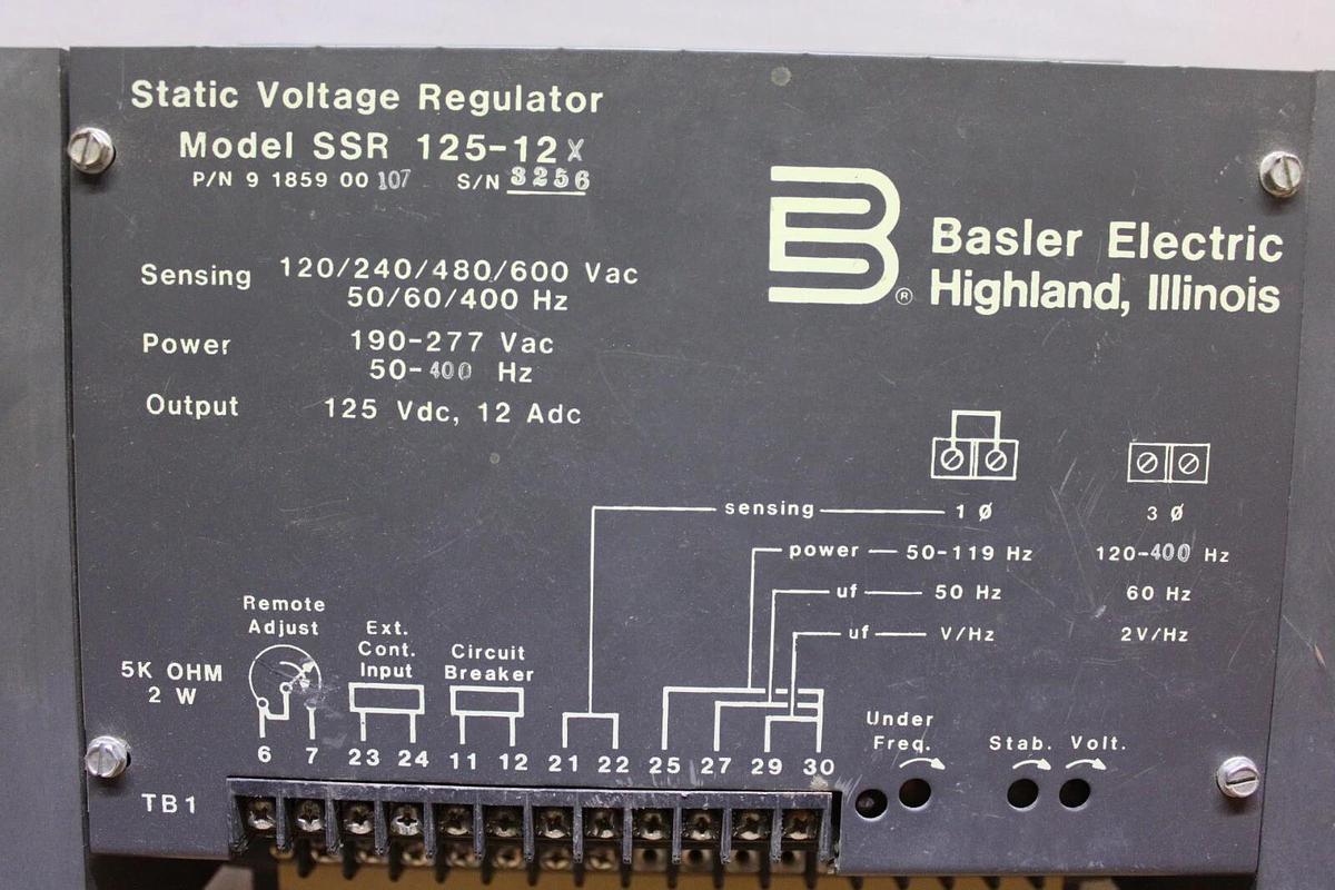 Used BASLER STATIC VOLTAGE REGULATOR SSR 125-12X 9-1859-00-107 600 VAC 400 HZ