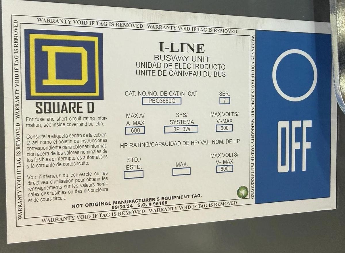 NIB SQUARE D I-LINE BUSWAY PLUG PBQ3660G 600 AMP 3-POLE 600 VAC 3-WIRE