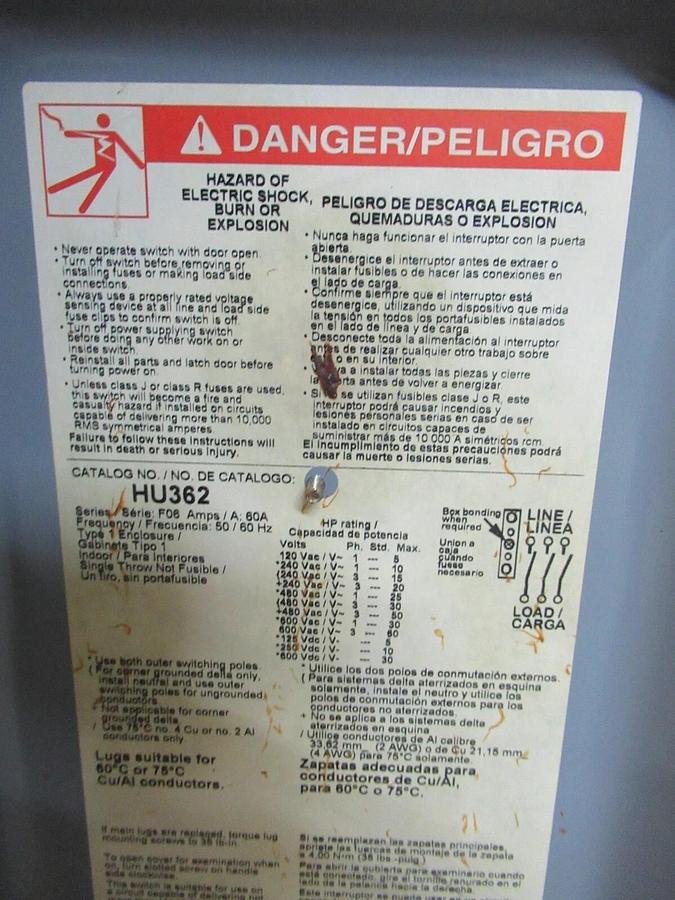 Used SQUARE D HEAVY DUTY SAFETY SWITCH HU362 TYPE 1 ENCL. 60 AMP 60 HP 600 VAC 3-POLE