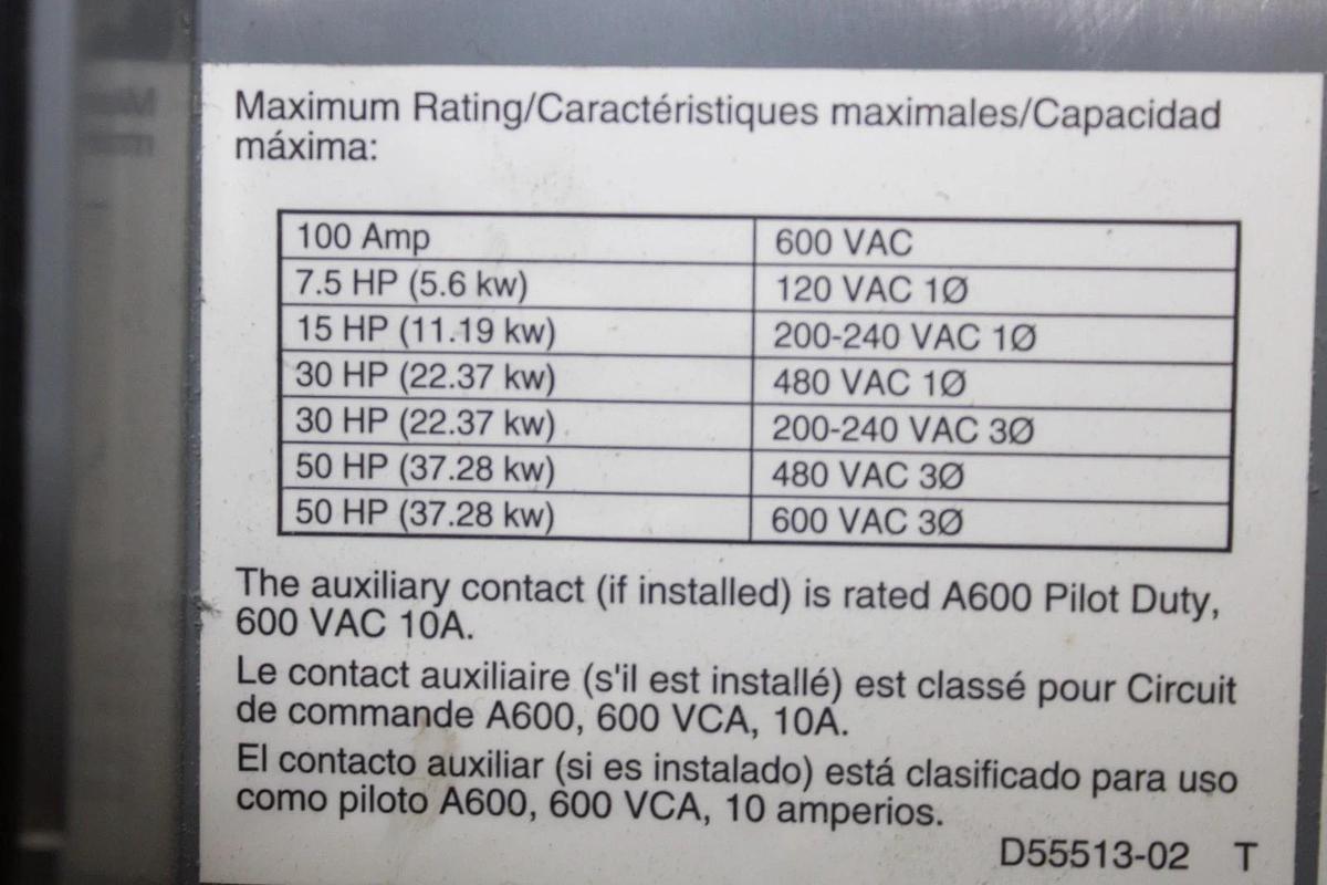 Used HUBBELL SAFETY DISCONNECT ENCLOSURE HBDLS10AC 100 AMP 600 VAC W/ HBDL60100RS
