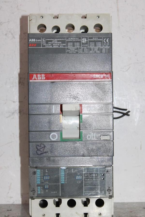 Used ABB BREAKER SACE S4 S4N 250 AMP 600 VOLT 3-POLE W/ AUX SWITCH & SHUNT TRIP