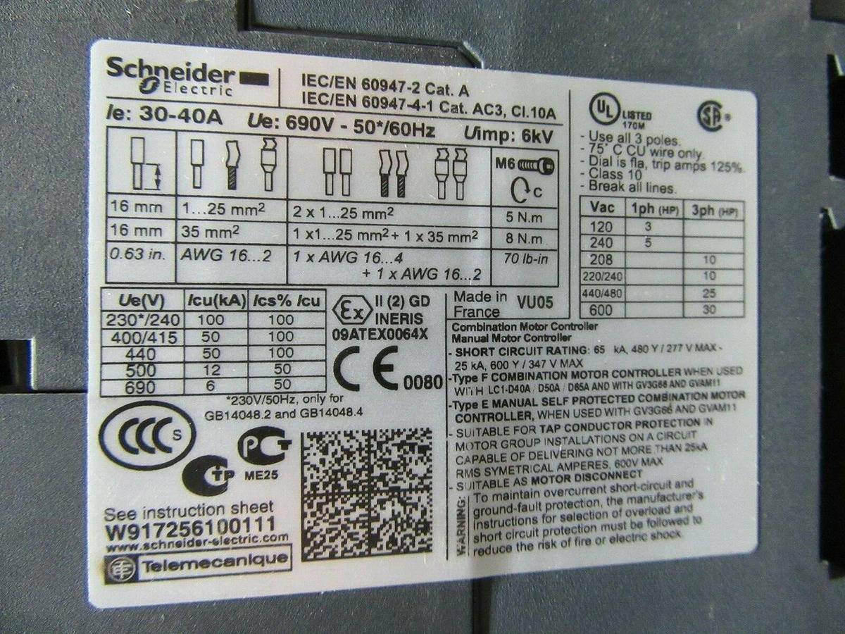 Used SCHNEIDER ELECTRIC GV3P40 MANUAL MOTOR CONTROL 30-40 AMP 30HP MOTOR STARTER