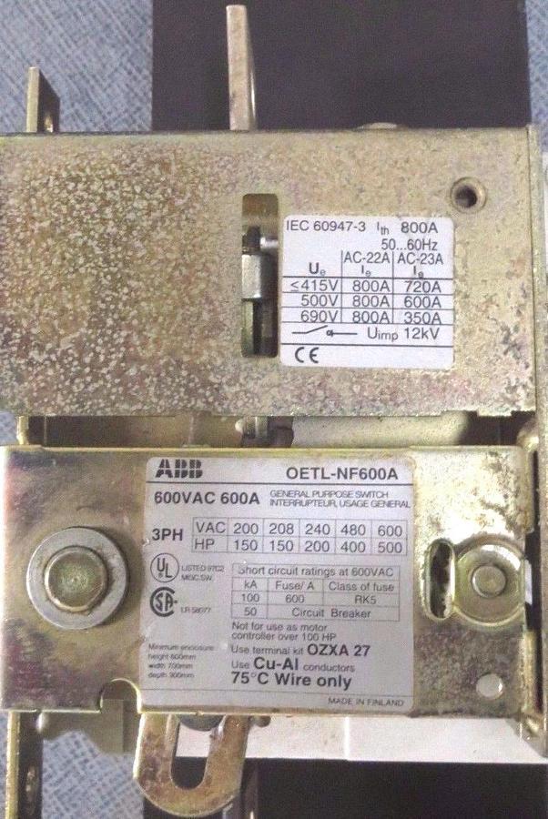 Used ABB GENERAL PURPOSE SWITCH 600 AMP 600 VAC 3 PHASE 500 HP MODEL OETL-NF600A