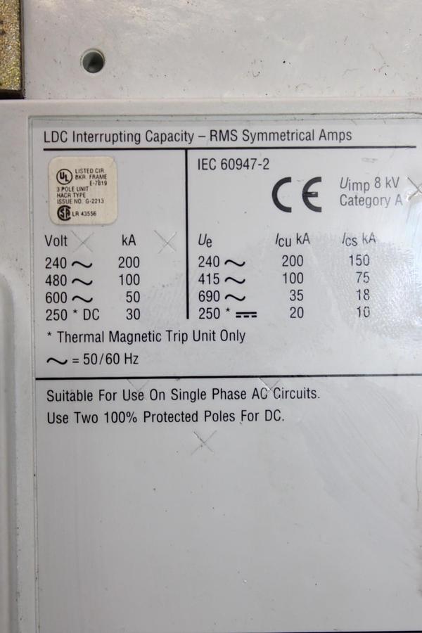 Used CUTLER HAMMER CIRCUIT BREAKER LDC36600 600 AMP 600 VAC 3-POLE LDC-100K