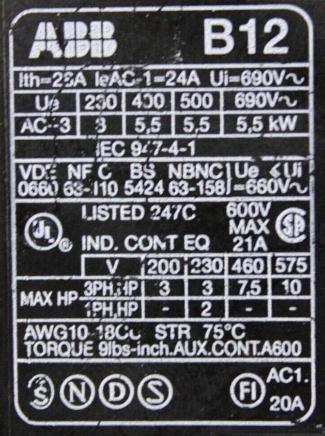 Used ABB CONTACTOR B12-30-10 20-28 AMP 600 VAC 10 HP 5.5 kW 3-POLE 3-PHASE COIL: 120V