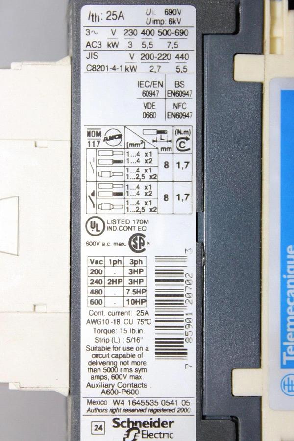 Used TELEMECANIQUE STARTER LC1D12 25 AMP 3-PHASE 600V 10HP W/ GV2ME14/6-10A