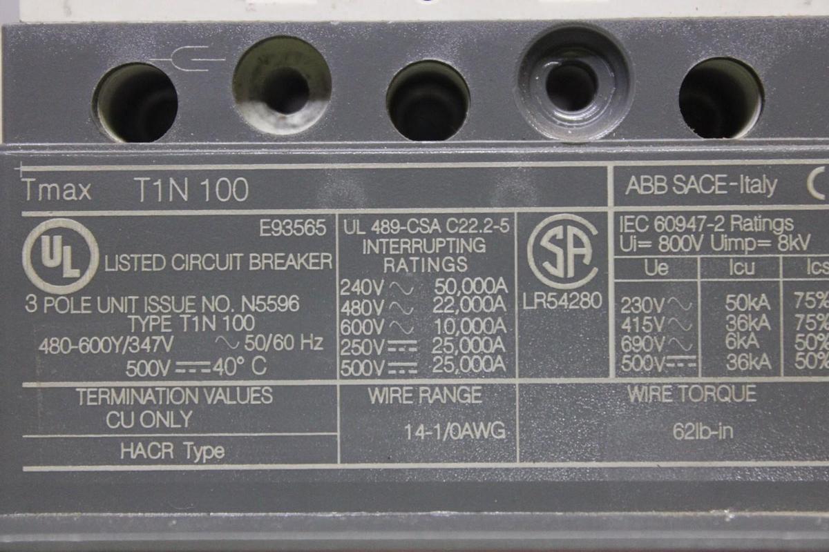 Used ABB CIRCUIT BREAKER T1N100 TMAX 80 AMP 600 VAC 3-POLE **WARRANTY INCLUDED**