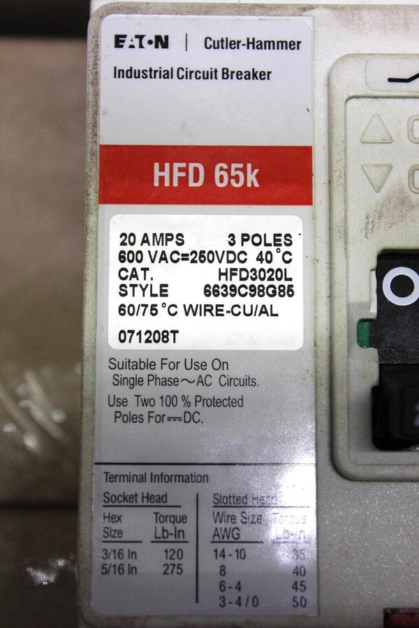 Used EATON CIRCUIT BREAKER HFD3020L 20 AMP 3-POLE 600 VAC HFD-65K **WARRANTY**