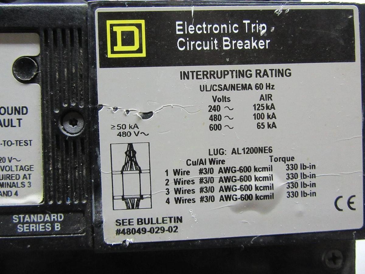 Used SQUARE D CIRCUIT BREAKER NXP361200GMT 1200 AMP 600V W/ ARP100 AND GROUND FAULT