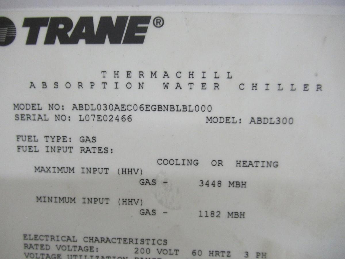 Used TRANE THERMACHILL CONTROL PANEL FOR ABSORBTION CHILLER 180-220 VAC 46.5-50.9 AMP