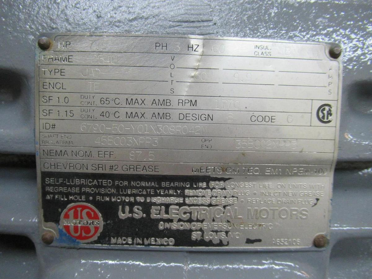 Used US ELECTRICAL MOTORS 6790-50-Y01X308R042M 254U 3 PHASE 460 VOLT 9.9 AMP 1770 RPM