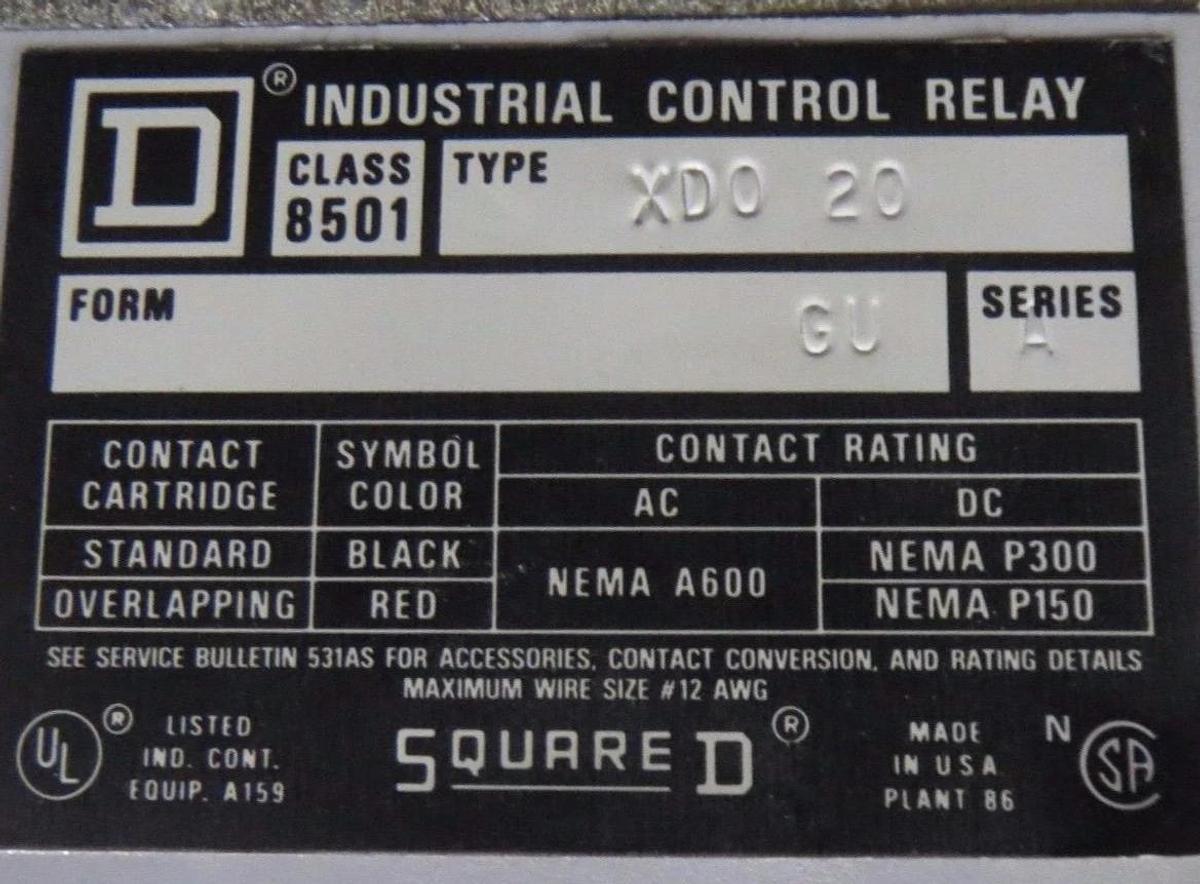Used (1) SQUARE D 8 POLE CONTROL RELAY WITH 24 VDC COIL 8501XD020 8501-XDO-20