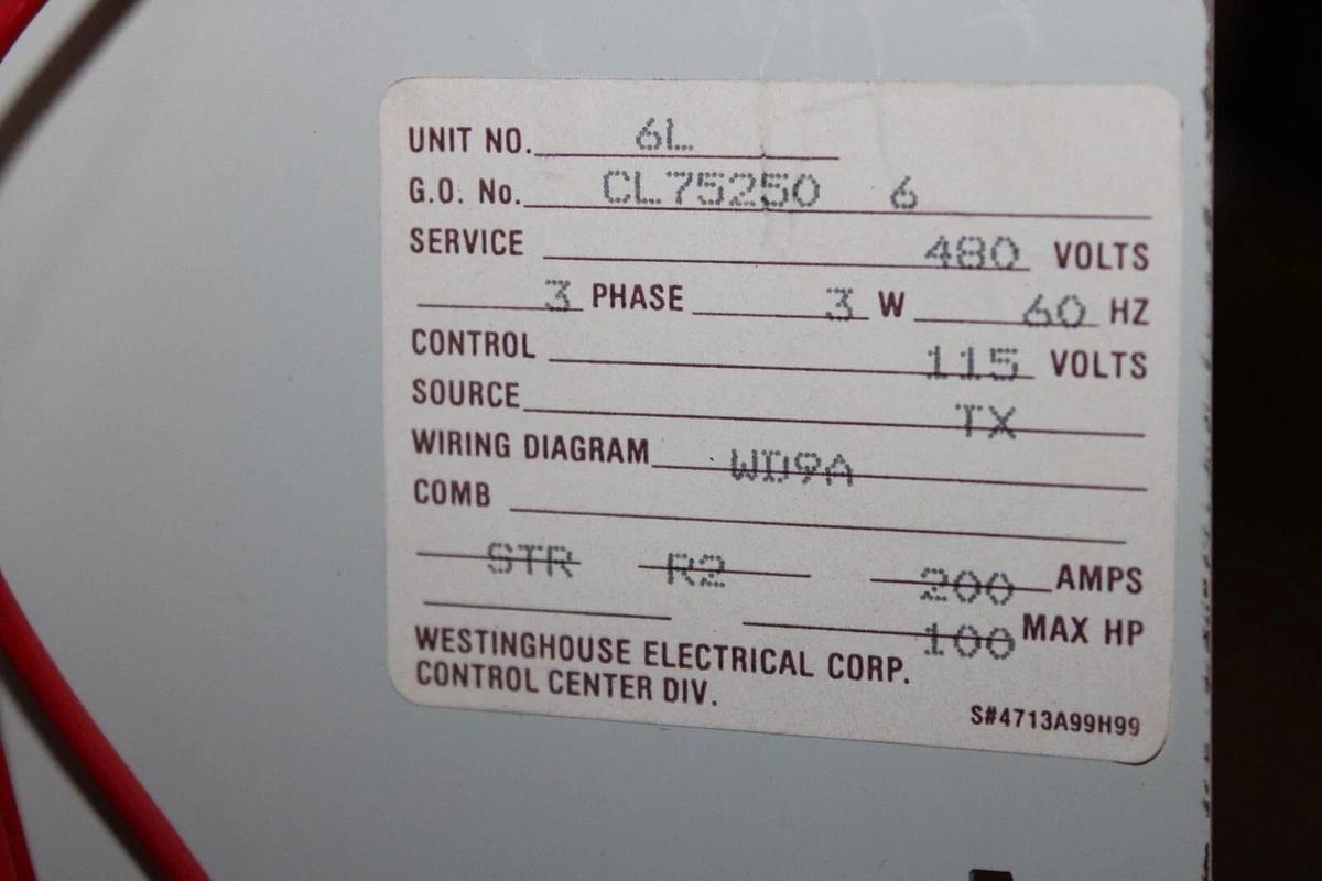 Used CUTLER HAMMER MCC STARTER BUCKET 2100 FREEDOM 42" CL75250-6 200 AMP SIZE 4