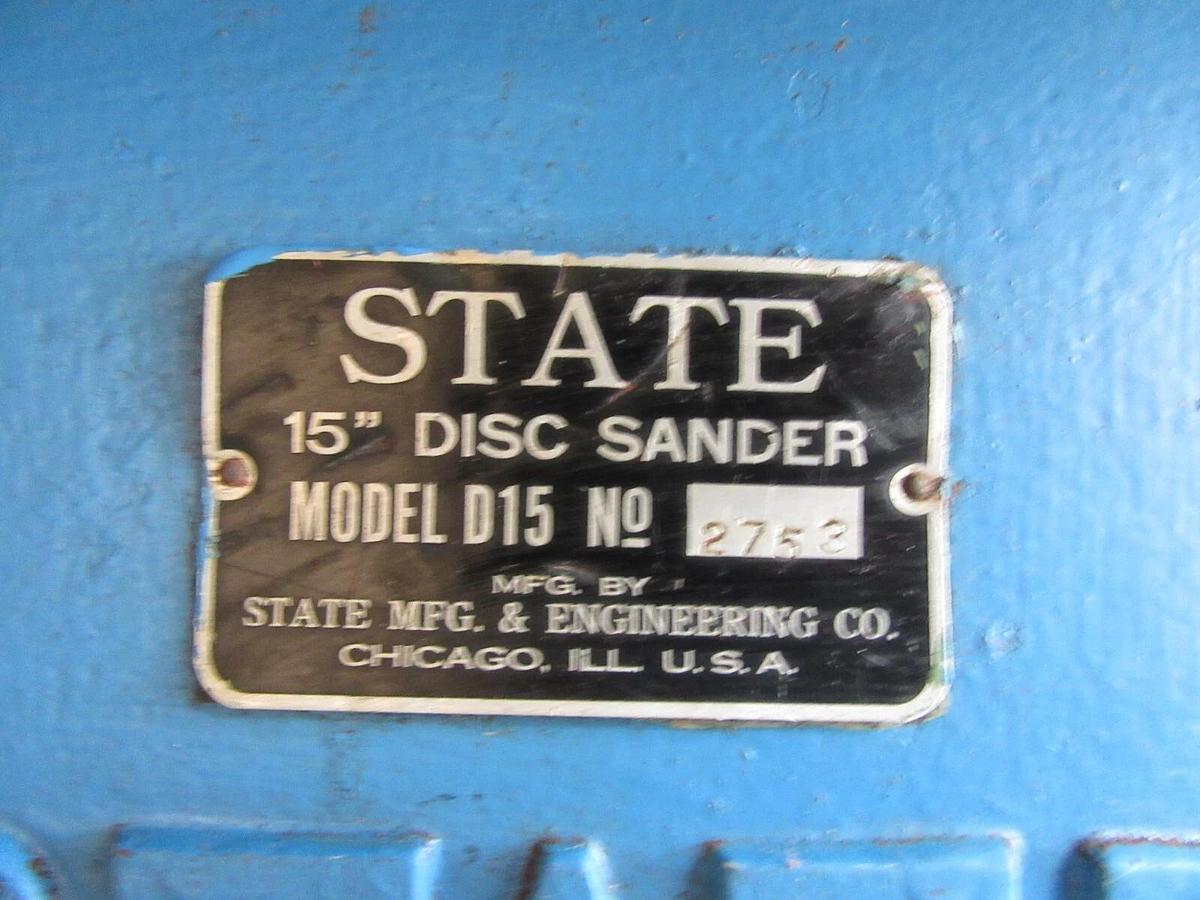 Used 15" STATE MFG 2 HP 208-230/460 VAC 3 PHASE STEEL OR WOOD DISC SANDER MODEL D15