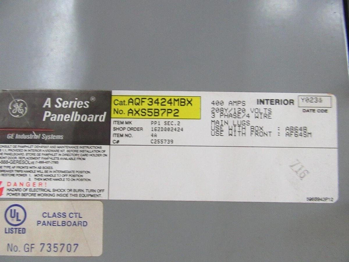 Used GE SERVICE PANEL AQF3424MBX AB64B 400 AMP 208/120 VOLT 3-PHASE 4-WIRE