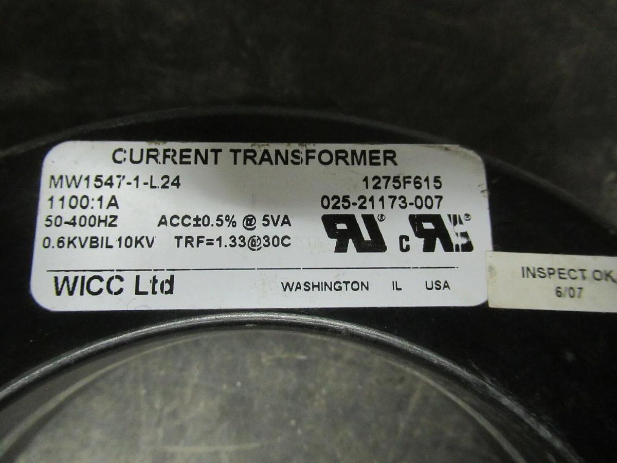 Used WICC CURRENT TRANSFORMER MW1547-1-L24 RATIO: 1100:1 50-400 HZ