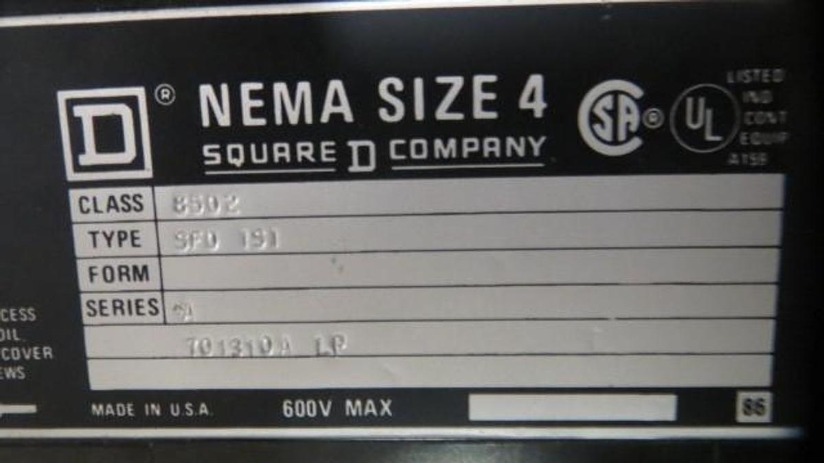 Used SQUARE D NEMA SIZE 4 CONTACTOR 600 VAC W/ 480V COIL MODEL 8502SFO1S1