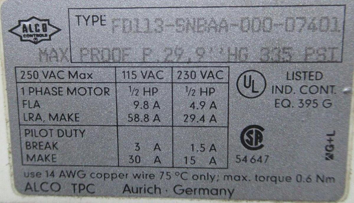 Used TRANE / ALCO PRESSURE CONTROL GAUGE X132400-7401 / FD113-SNBAA-000-07401