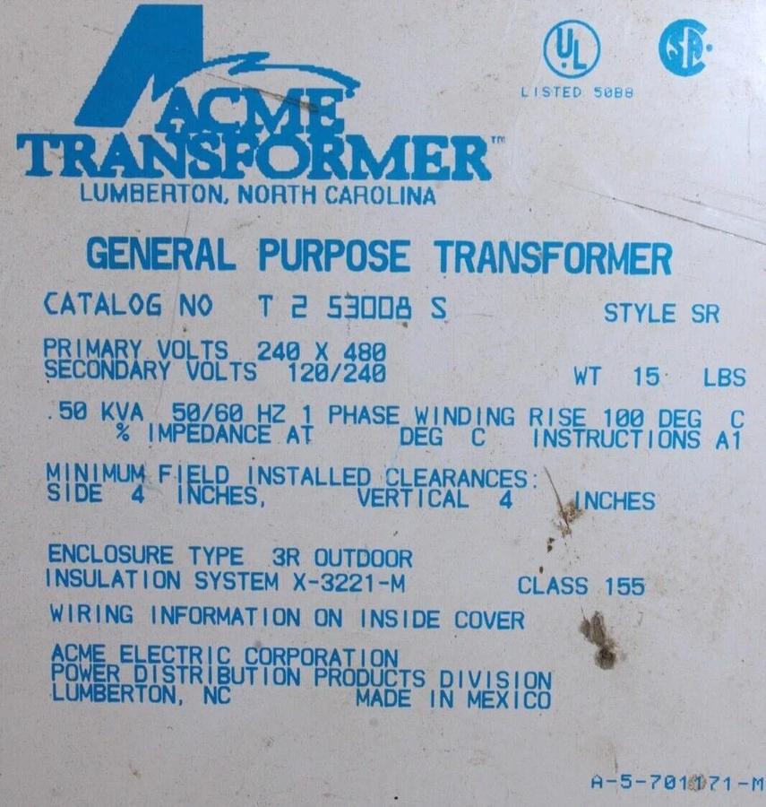 Used ACME SINGLE PHASE TRANSFORMER T-2-53008-S 0.5 KVA PRI: 240X480V SEC: 120/240V