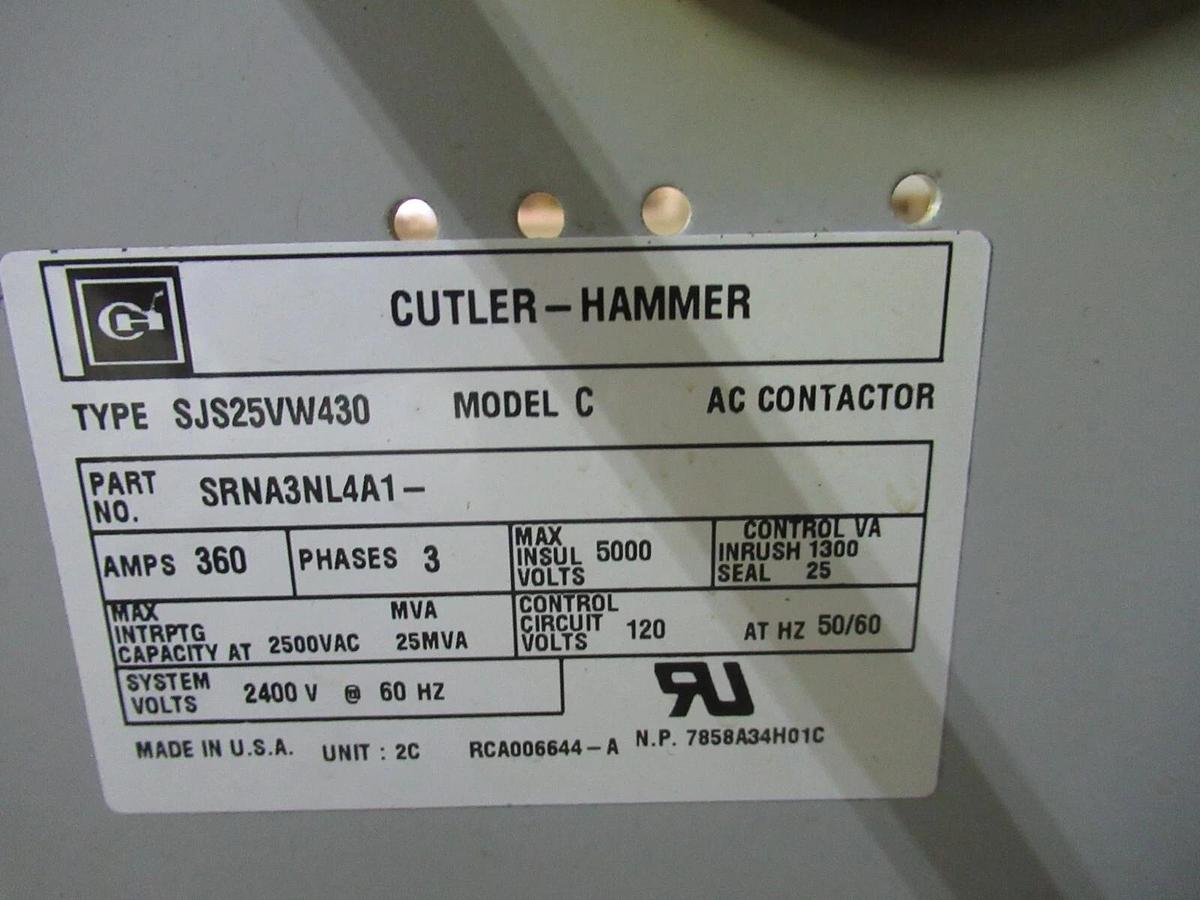 Used CUTLER-HAMMER AC CONTACTOR SRNA3NL4A1 SJS32VW430 360 AMP MODEL C 3-PHASE 5000 V