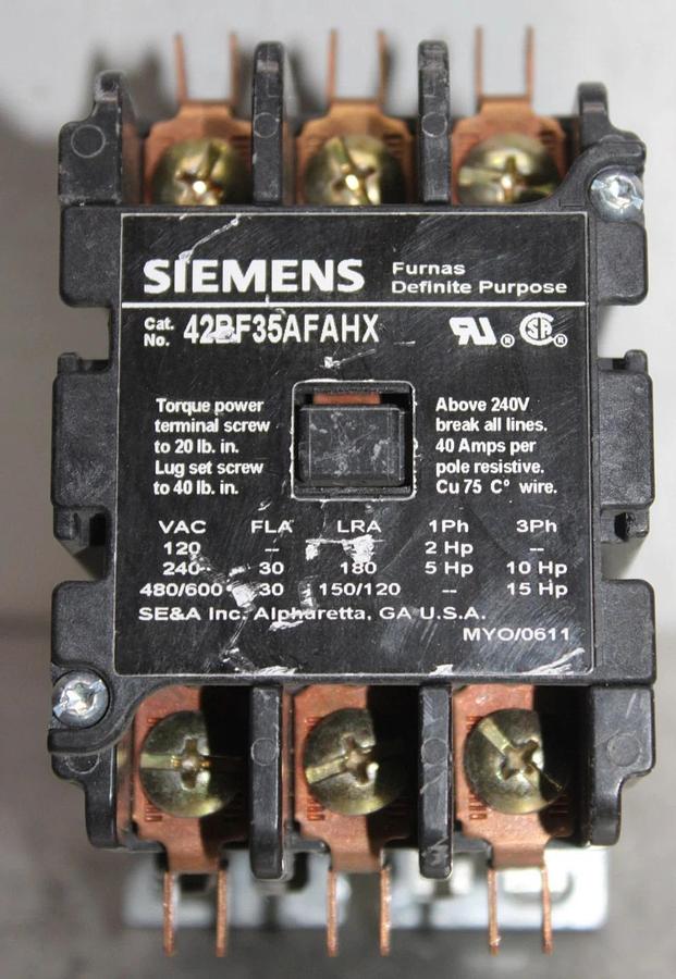 Used SIEMENS CONTACTOR 42BF35AFAHX 600 VAC 30 AMP 15 HP COIL: 110/120V