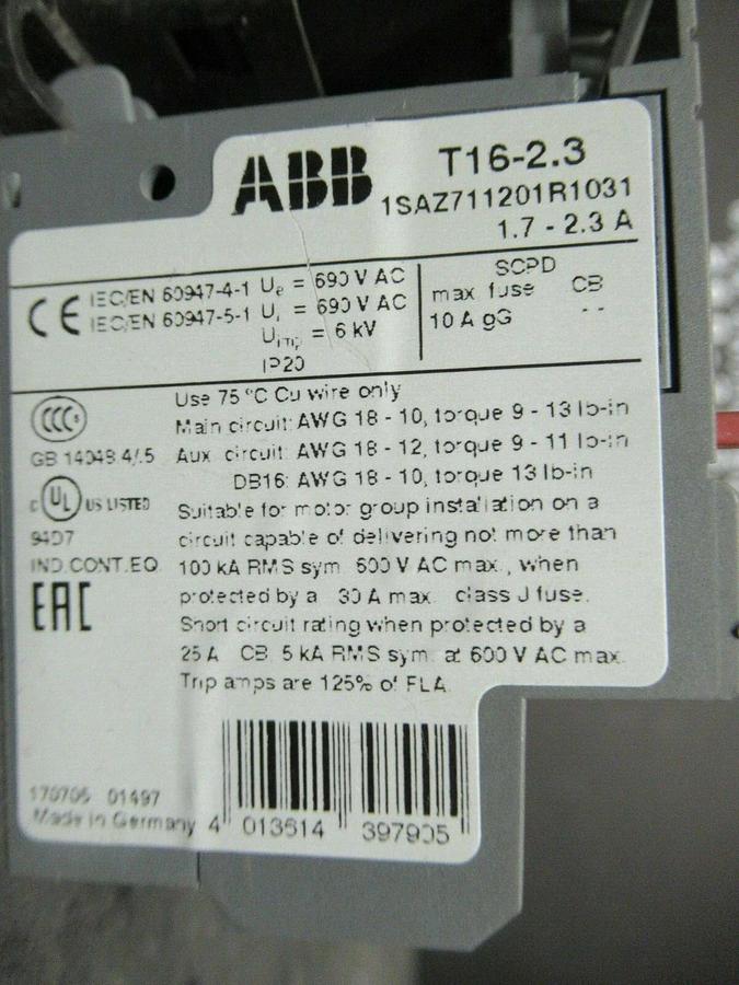 Used ABB STARTER B7-30-10 16 AMP 600 VAC 5 HP W/ T16-2.3 MANUAL MOTOR STARTER