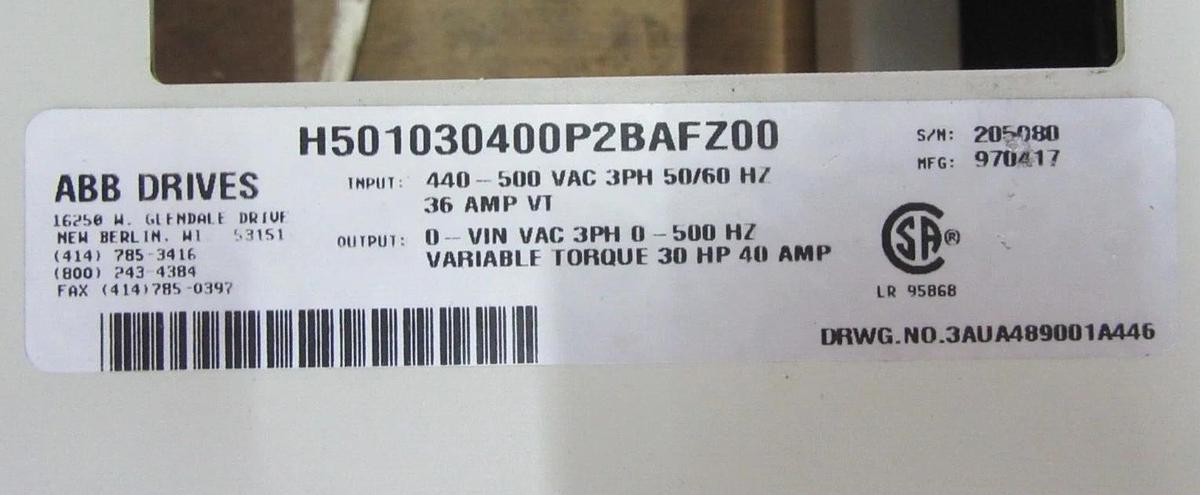 ABB 30 HP 480 VAC 3 PH VARIABLE SPEED DRIVE H501030400 ACH501-030 WITH BYPASS