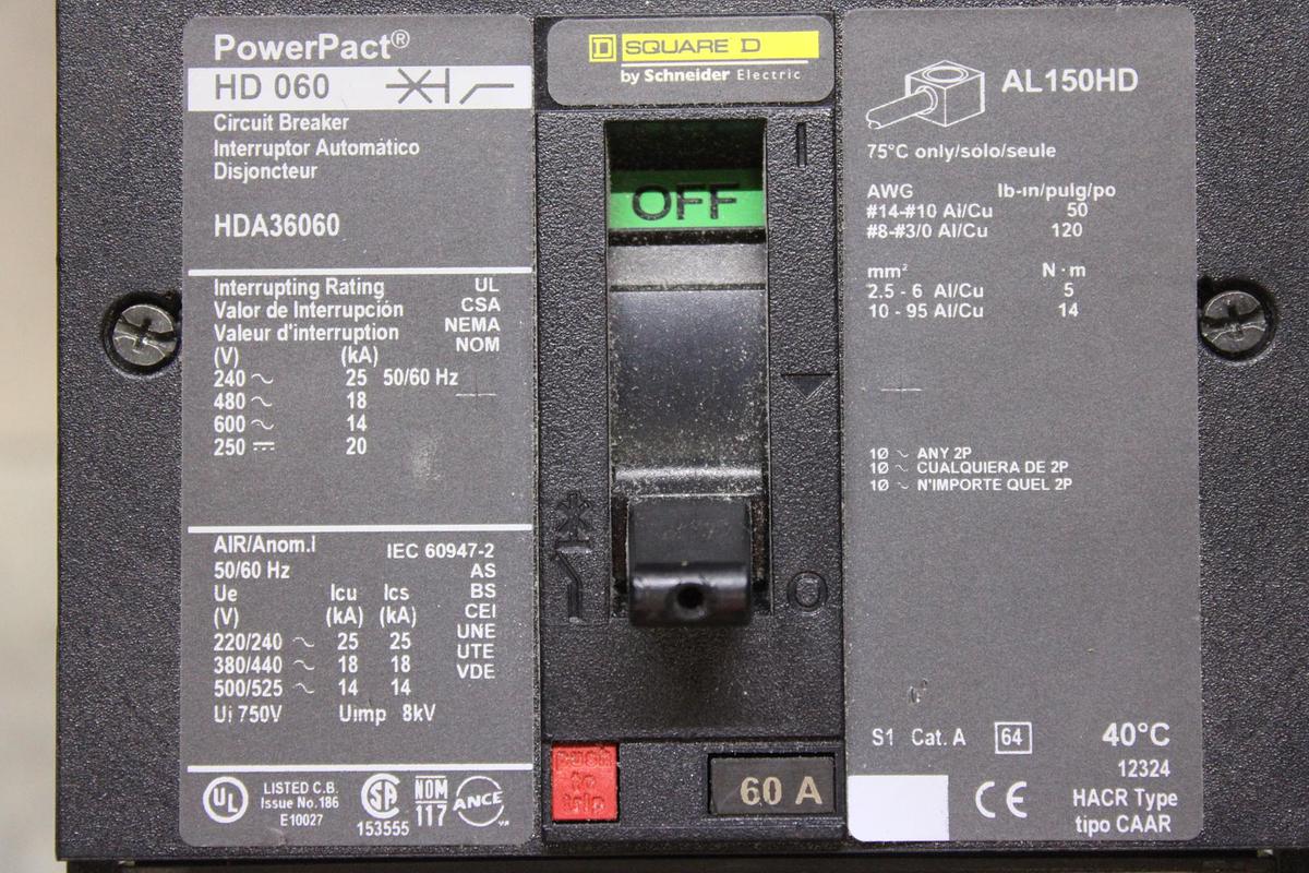 Used SQUARE D I-LINE CIRCUIT BREAKER FA34060 60 AMP 600 VAC 3-POLE