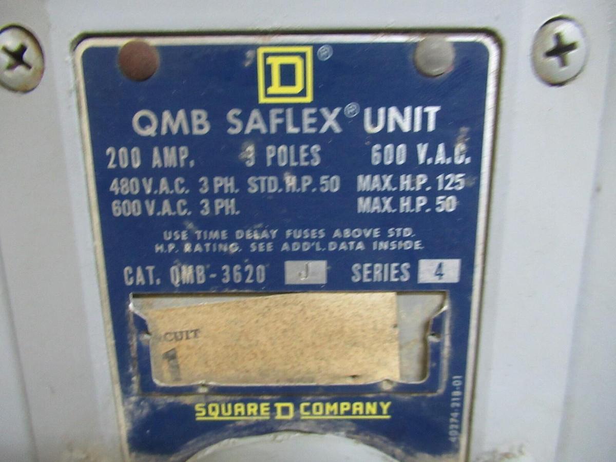 Used SQUARE D QMB SAFLEX UNIT QMB-3620-J 200 AMP 600 VAC 3-POLE 3-PHASE 125 HP
