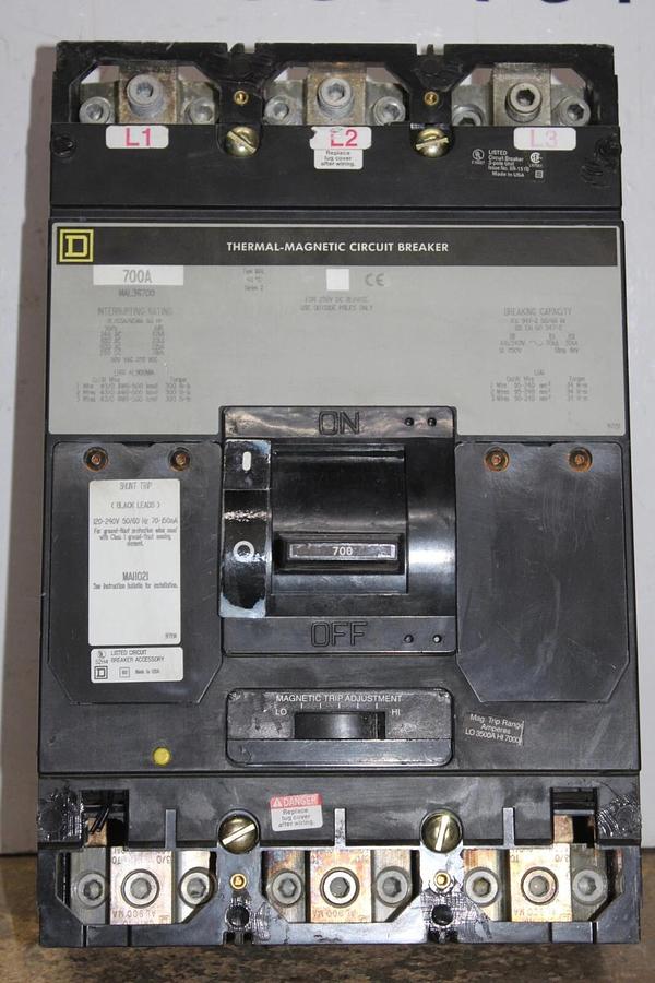 Used SQUARE D CIRCUIT BREAKER MAL36700 700 AMP 3-POLE 600 VAC W/ SHUNT TRIP