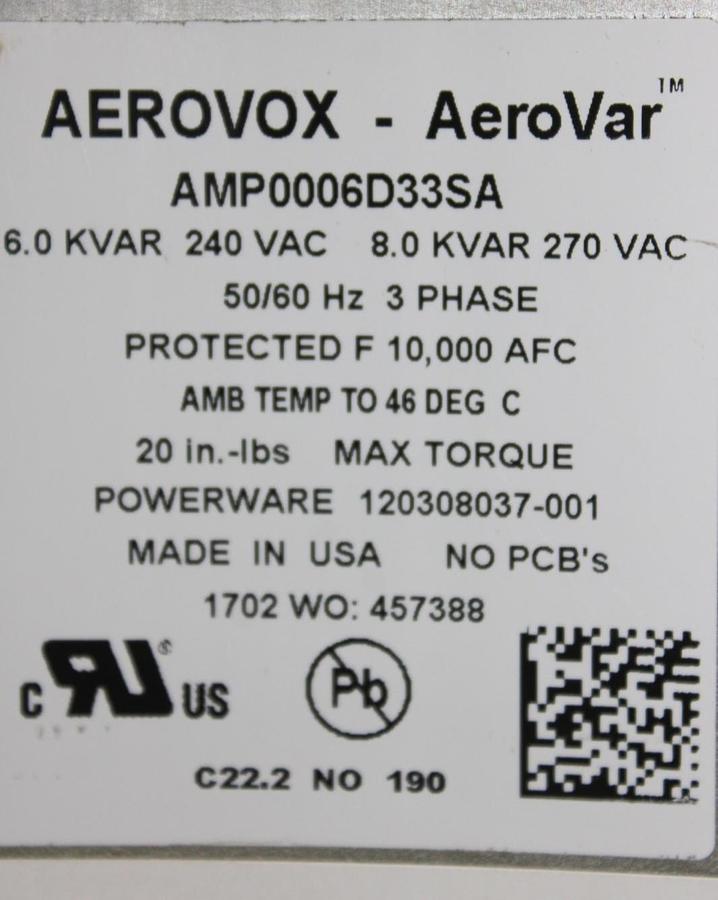 Used AEROVOX AEROVAR CAPACITOR AMP0006D33SA 6-8 kVAR 240-270 VAC 50/60 HZ 3-PHASE