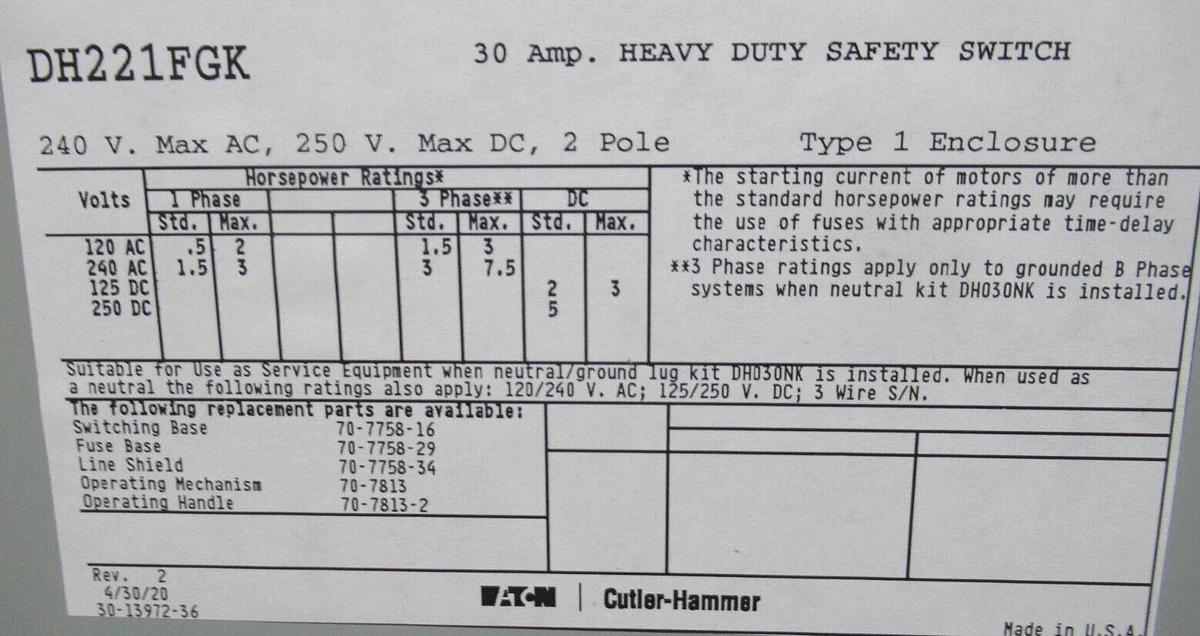 NEW IN BOX EATON HEAVY DUTY SAFETY SWITCH DH221FGK 30 AMP 240 VAC 7.5 HP 2-POLE