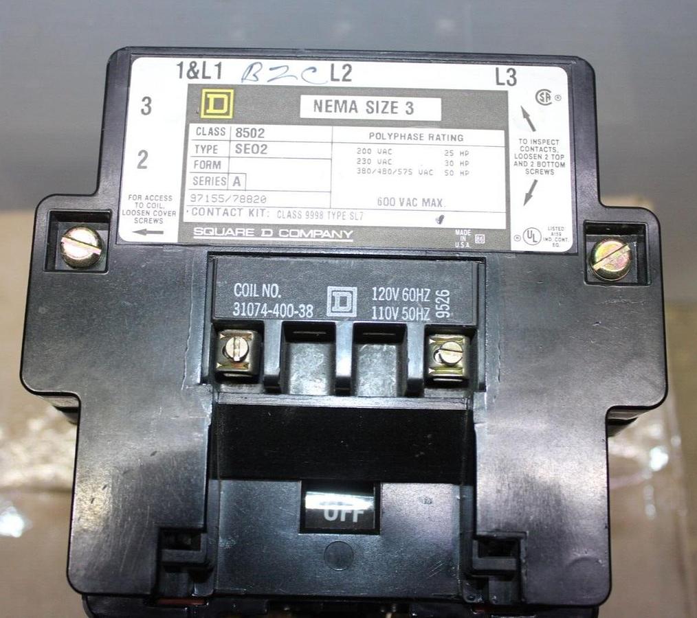 Used SQUARE D CONTACTOR 8502SEO2 NEMA SIZE 3 90 AMP 50 HP 600V 3-PHASE