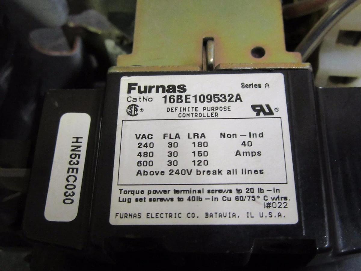 Used FURNAS STARTER 30 AMP 600V # 16BE109532A & 48DC38A6S 120/240V COIL & E49 HEATERS