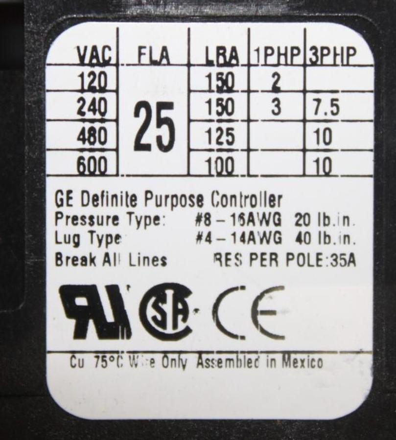 Used GENERAL ELECTRIC CONTACTOR CR453AB3AAA 25 AMP 600 VAC 3-POLE COIL: 110/120V