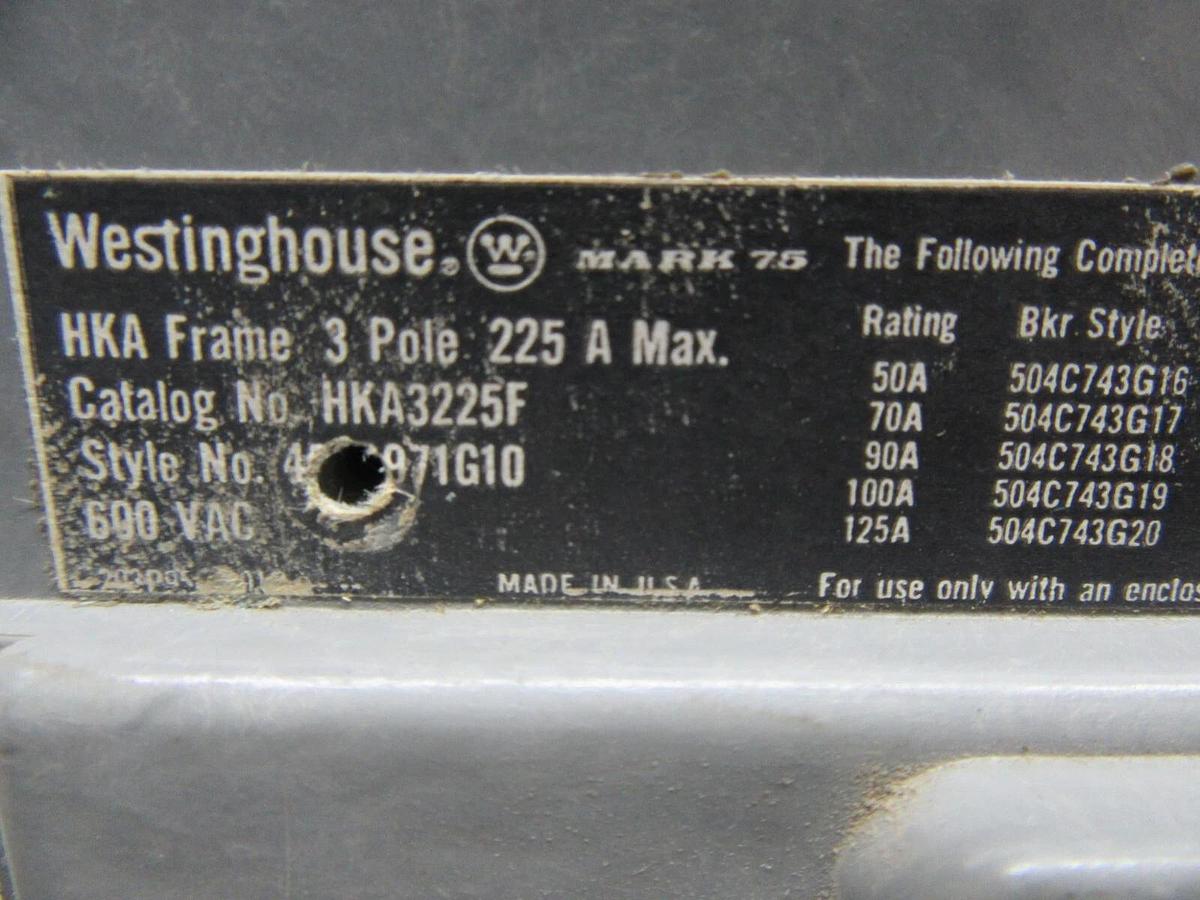 Used WESTINGHOUSE CIRCUIT BREAKER HKA3225F 3-POLE 225 AMP FRAME 200 AMP TRIP 600 VAC